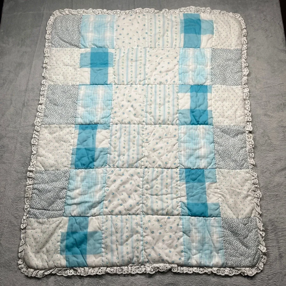 Vintage Saks Fifth Avenue Baby Boutique Quilt Baby Blue Patchwork Eyelet Lace